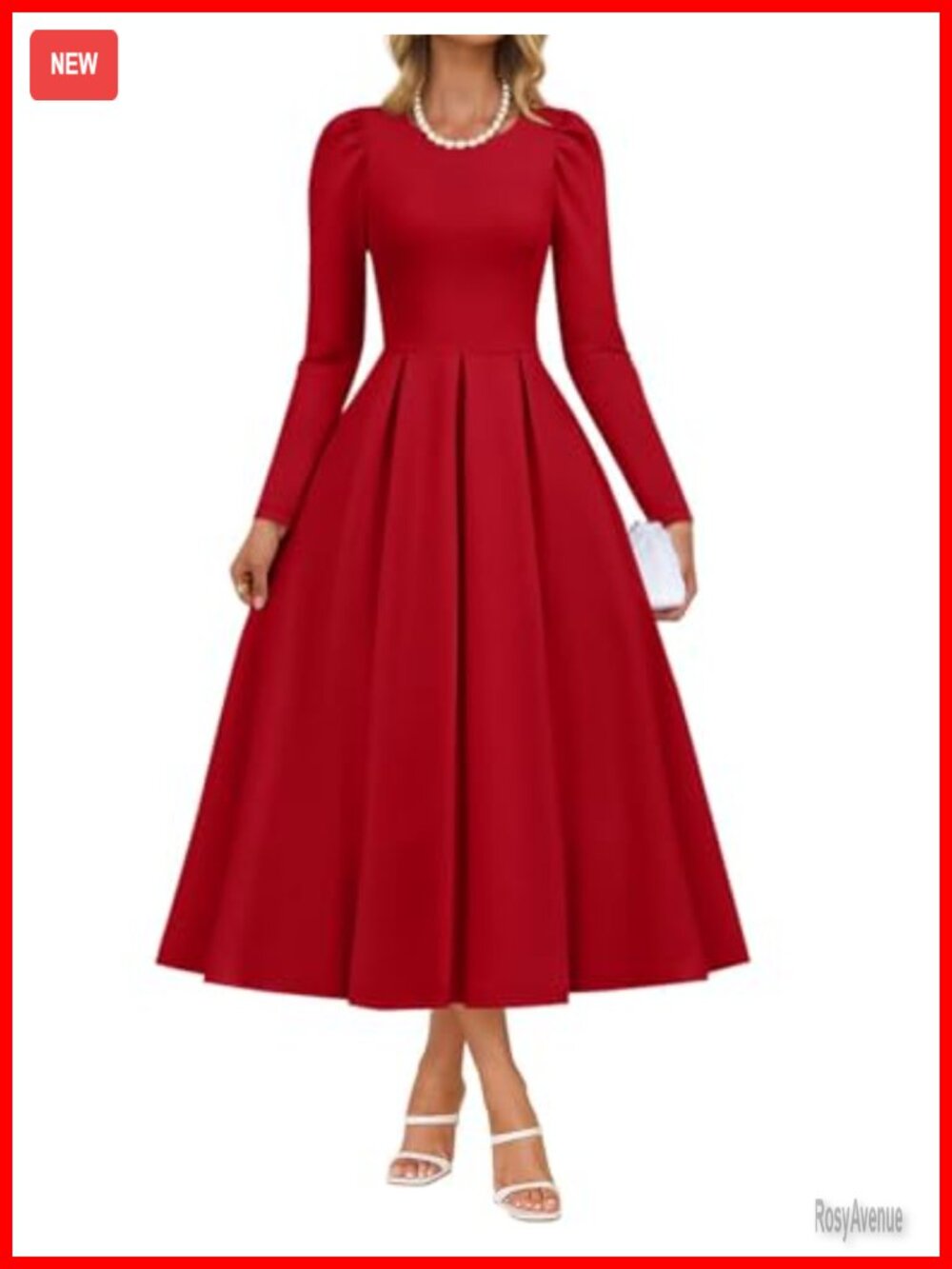 Women's Fall Long Sleeve Crewneck Midi Dress with Pockets A-Line Formal